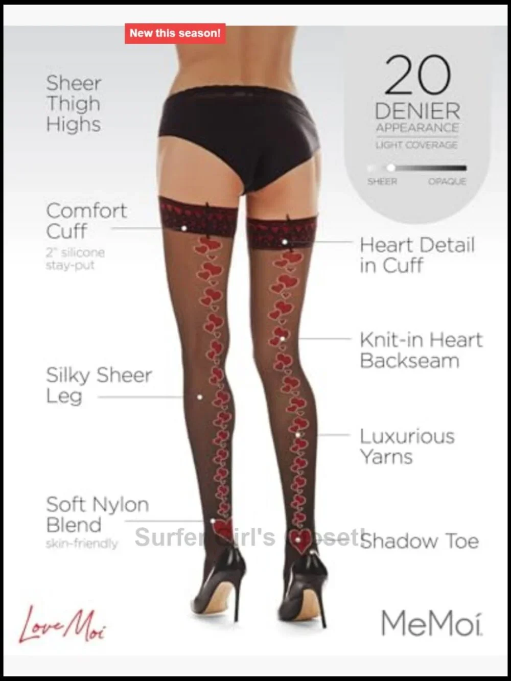 Sheer Thigh Highs Nylon Blend Heart Backseam Stockings Stay-Up Hosiery